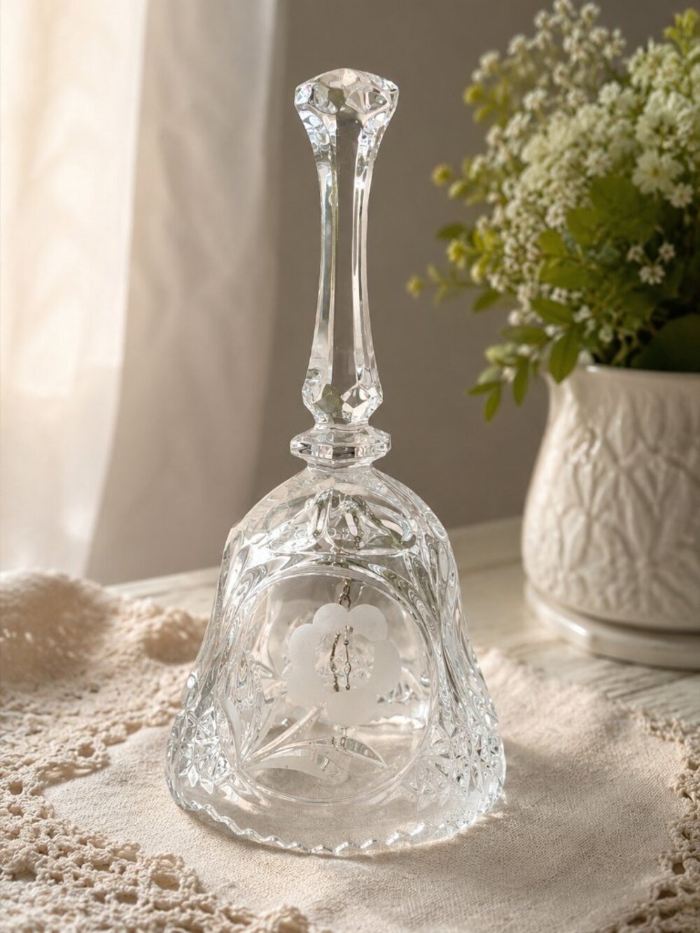 Vintage 8” Lead Crystal Bell Etched Floral Clear Cut Crystal Collectible Decor